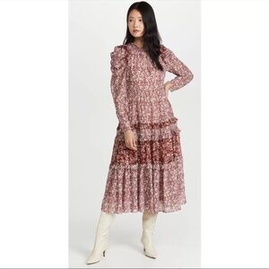 En Saison Tiered Red and White Floral Midi Dress Medium